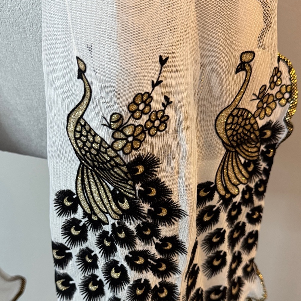 Sheer White Gold embellished Peacock Scarf NEW